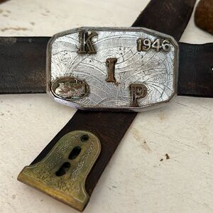 1946 Plati Croyd Hook Fest belt buckle Kip w/ tractor and leather belt 32” - 35”